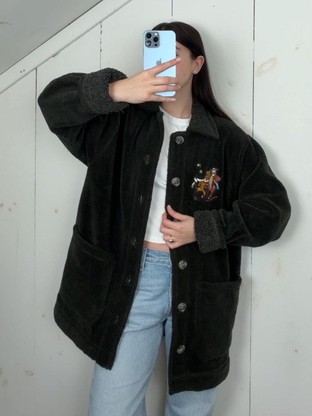 Vintage Disney Green Fleece Chore Jacket Cardigan Sweater Winnie The Pooh Size M